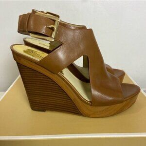 Michael Michael Kors Josephine Leather Wedge Sandals – Size 8.5 (Luggage Brown)